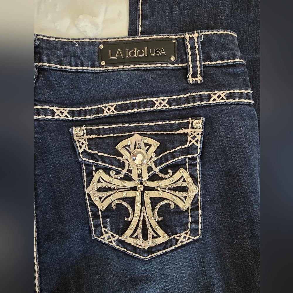 L.A. idol Womens Cross Cowgirl Bootcut Dark Blue Jeans Sz 19 Plus